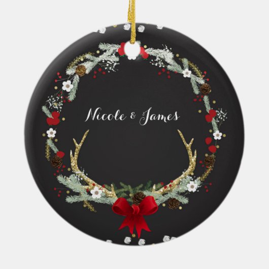 Ornement Rond En Céramique Russe Noël Antler Wreath Fête Personnalisé (Dos)