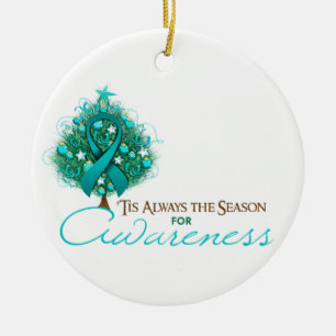 Ornement Rond En Céramique Saison turquoise de conscience de Noël de ruban