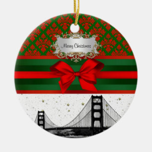 Ornement Rond En Céramique San Francisco Skyline Rouge Vert Damas #2 Bow Xmas