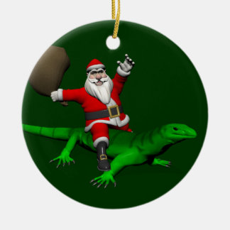 Ornement Rond En Céramique Santa Claus Riding Green Lizard