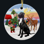 Ornement Rond En Céramique Santas Treat - Black Great Dane<br><div class="desc">Père Noël offre à son Grand Danois noir un plaisir tandis qu'un elfe aide à charger le traîneau.</div>
