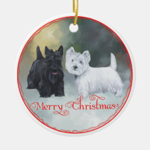 Ornement Rond En Céramique Scottie Westie Christmas