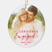 Ornement Rond En Céramique Script First Christmas Engagé Holiday Photo (Gauche)