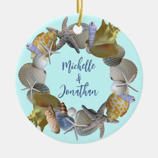 Ornement Rond En Céramique Seashell Wreath Names and Year Orament (Devant)