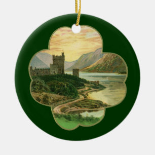 Ornement Rond En Céramique Shamrock vintage Lucky Gold avec château irlandais