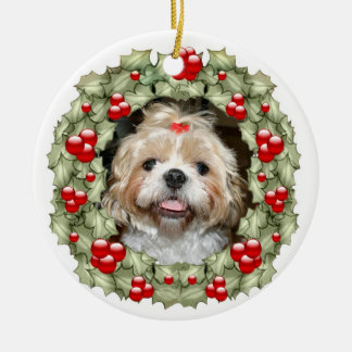 Ornement Rond En Céramique Shih Tzu couronne de Noël
