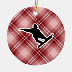 Ornement Rond En Céramique Snowboarding rouge de plaid