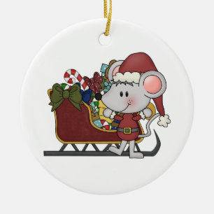 Ornement Rond En Céramique Souris de Père Noël avec le traîneau