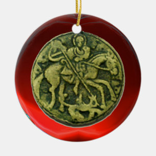 ORNEMENT ROND EN CÉRAMIQUE ST GEORGE, DRAGON /MADONNA ET MÉDAILLON D'ENFANT