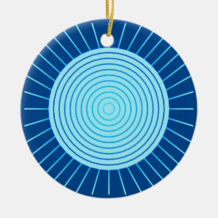 Ornement Rond En Céramique Sunburst géométrique moderne - Bleu de Cobalt et A