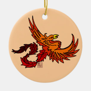 Ornement Rond En Céramique Tatouage Oiseau Moyen Age Orange Phoenix