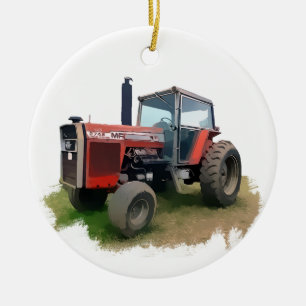 Ornement Rond En Céramique Tracteur rouge de Massey Ferguson dans le domaine