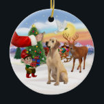 Ornement Rond En Céramique Traiter pour un Labrador jaune<br><div class="desc">Père Noël offre un régal à son Labrador Retriever jaune alors que les elfes chargent le traîneau avant la grande nuit.</div>