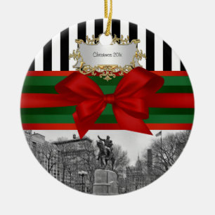 Ornement Rond En Céramique Union Carré Park Winter NYC Blk Wht Strp Xmas #2R