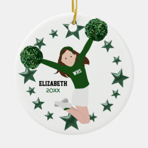 Ornement Rond En Céramique Vert Brown et blanc de Pom Poms de pom-pom girl de