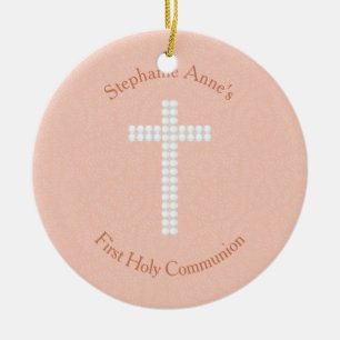 Ornement Rond En Céramique Vignes et rayures de pêche de communion