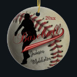 Ornement Rond En Céramique Vintage Baseball ⚾ Player - Red<br><div class="desc">Baseball Player Christmas Ornaments. Makes a great personalized gift for a baseball player. ⭐ Please be sure the text is within the green dash safe line area. ✔NOTE: ONLY CHANGE THE TEMPLATE AREAS NEEDED! 😀 If needed, you can remove the text and start fresh adding whatever text and font you...</div>