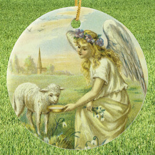 Ornement Rond En Céramique Vintage Religion, Victorian Easter Angel with Lamb