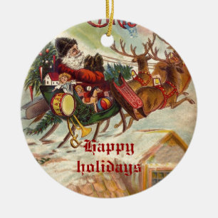 Ornement Rond En Céramique Vintage Santa Claus Reindeer