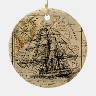 Ornement Rond En Céramique Voilier vintage et vieille carte européenne
