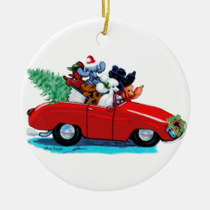 Ornement Rond En Céramique Voiture rouge Vintage de caniche de Noël