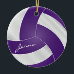 Ornement Rond En Céramique Volley-ball violet et blanc 2 | Nom do-it-yourself<br><div class="desc">Volleyball Sport Joueur ornement de Noël prêt pour vous à personnaliser. Faites un merveilleux cadeau personnalisé pour votre joueur de volley, entraîneur, ventilateur, etc... ⭐ Ce Produit est 100% Personnalisable. *****Cliquez sur le BOUTON PERSONNALISER pour ajouter, supprimer, déplacer, redimensionner, modifier, tourner, etc... n'importe quel graphique ou texte. 99% de mes...</div>