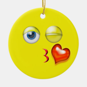 Ornement Rond En Céramique Yellow Kiss Emoji Nom personnalisé