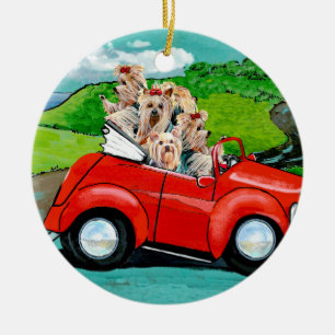 Ornement Rond En Céramique Yorkies en rouge convertible