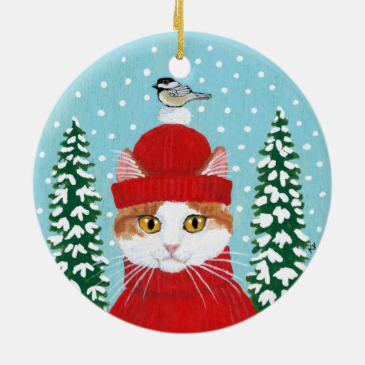 Ornement rouge d'hiver d'oiseau de chat de Noël (Dos)