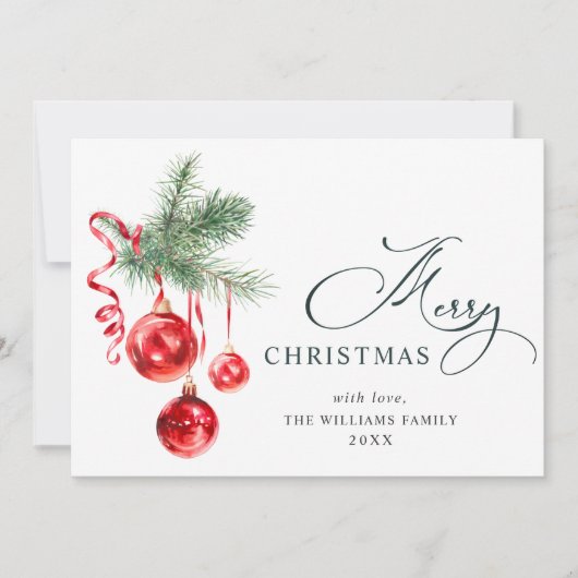 Ornement Rouge Élégant Carte de Vœux de Noël 3 PHO (Devant)