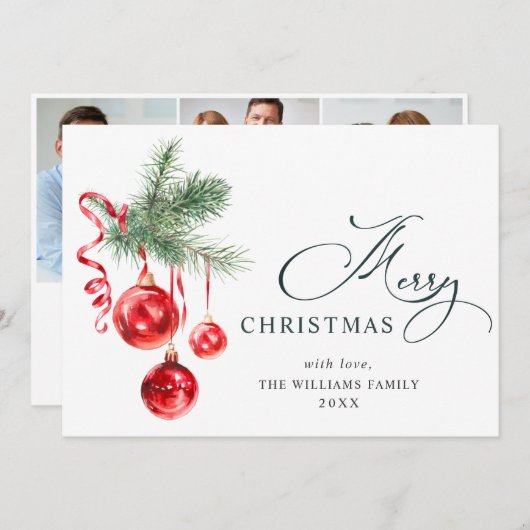 Ornement Rouge Élégant Carte de Vœux de Noël 3 PHO (Devant / Derrière)