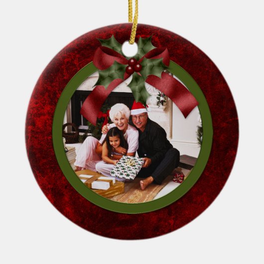 Ornement Rouge et Vert Holly Bow Photo de Noël (Devant)