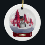 Ornement Snowman Red Christmas Trees Snow Globe<br><div class="desc">De notre maison à vous - Un globe de neige avec un bonhomme de neige et des arbres de Noël rouges à l'intérieur</div>