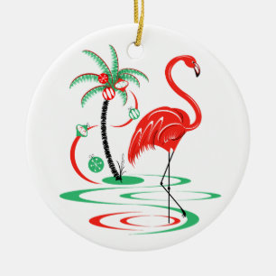 Ornement texte flamant rose de Noël rouge rond
