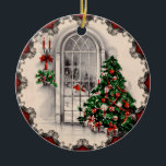 Ornement Vintage de la fenêtre de Noël<br><div class="desc">Scène vintage d'un sapin de Noël et lumière des bougies près d'une fenêtre à l'ancienne avec la nuit enneigée qui s'ouvre à l'extérieur. Classique et nostalgique.</div>