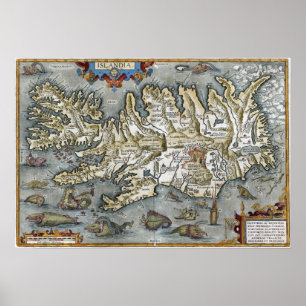 Ortelius Islandia Map met Zee Monsters Print