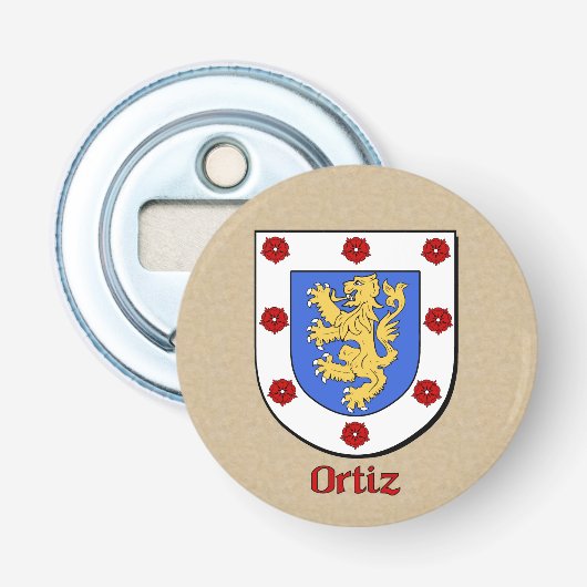 Ortiz Heraldic Arms op perkament stijl terug Button Flesopener (Voorkant)