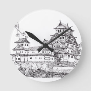Osaka Castle Japan Black White Illustration Ronde Klok