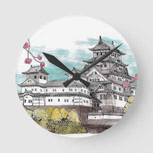 Osaka Castle Japan Waterverf Illustratie Ronde Klok