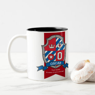 Oscar letter O heraldiek vogel rood blauw naam bet Tweekleurige Koffiemok