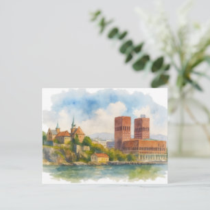Oslo Noorwegen Aquarel Kunstkaart, Stadsgezicht Briefkaart
