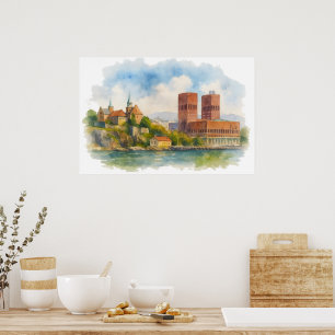 Oslo Noorwegen Aquarel Kunstposter, Scandinavisch Poster