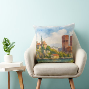 Oslo Noorwegen Aquarel, Scandinavisch Stadsgezicht Kussen