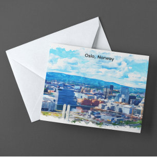 Oslo Noorwegen Aquarel Schilderij Panorama Uitzich Briefkaart