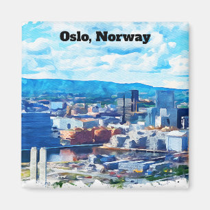 Oslo Noorwegen Aquarel Schilderij Panorama Uitzich Magneet