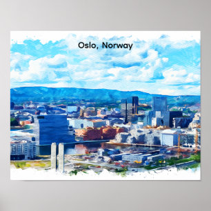 Oslo Noorwegen Aquarel Schilderij Panorama Uitzich Poster