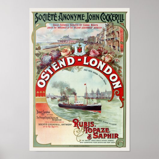 Ostend - London Belgium Vintage Poster 1900 (Devant)