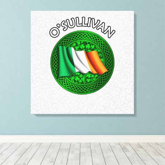 O'Sullivan Crest & Celtic Knot op Shamrock Canvas Afdruk (Insitu (Houten vloer))