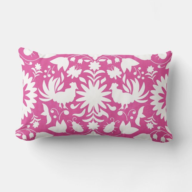 Otomi Print, helder roze en wit Boho Sierkussen Kussen (Voorkant)