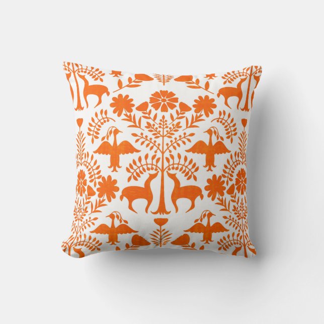Otomi Print, White en Oranje Boho Sierkussen (Voorkant)